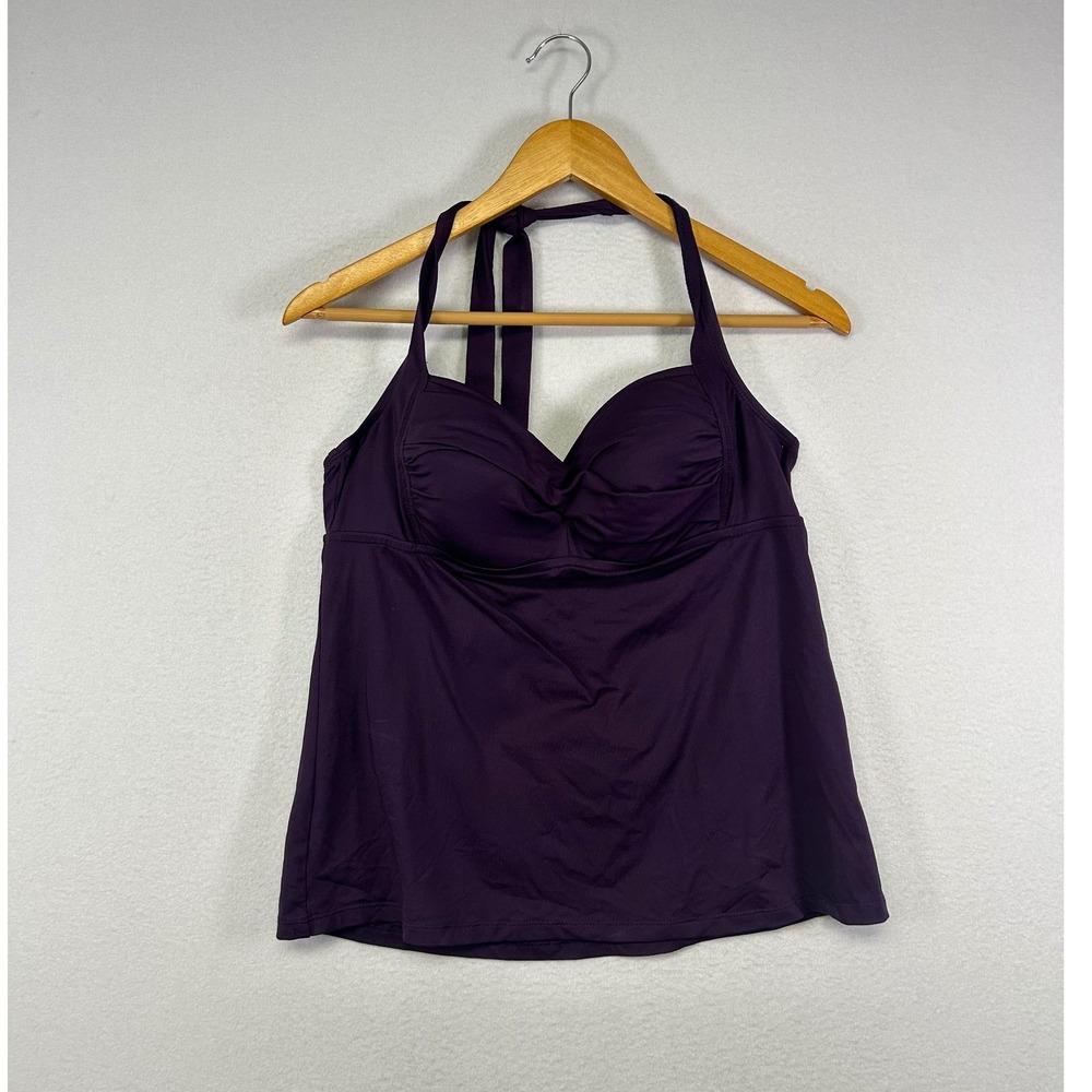 Retro Pinup Bisou Bisou Womens Large Purple Halter Tankini Top Ruched Padded Cup